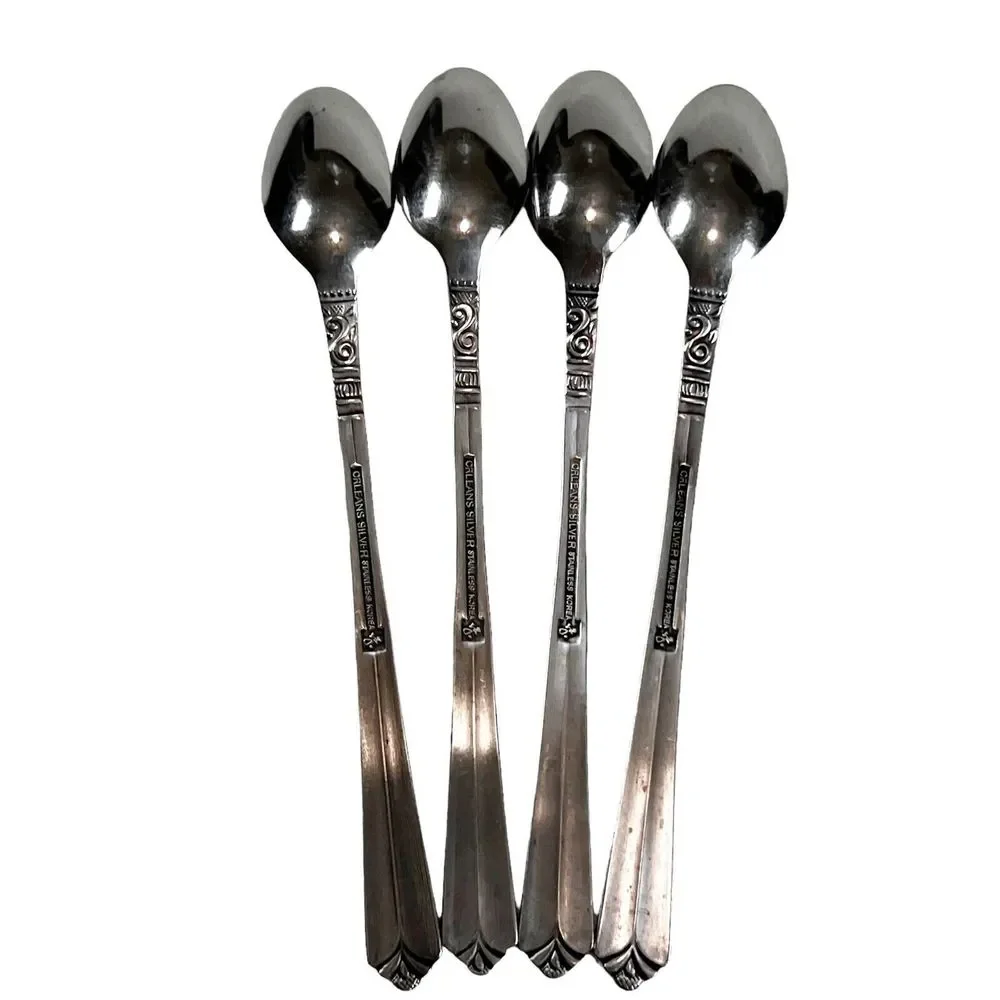 4 Vtg Orleans Stainless Korea Stacie Pattern Long Ice Tea Spoons (8 Available)